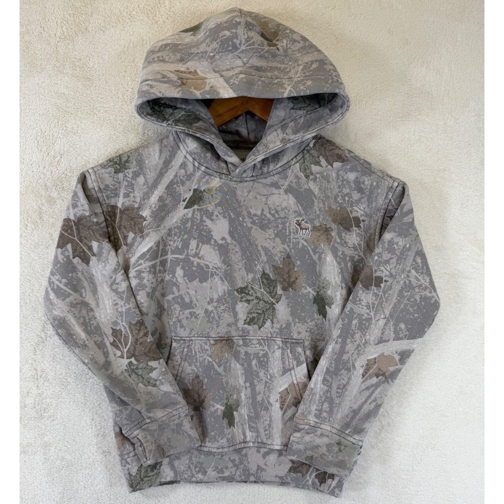 Abercrombie Kids A&F Essentials Camo Leaf Print Pullover Hoodie Grey Size 7/8